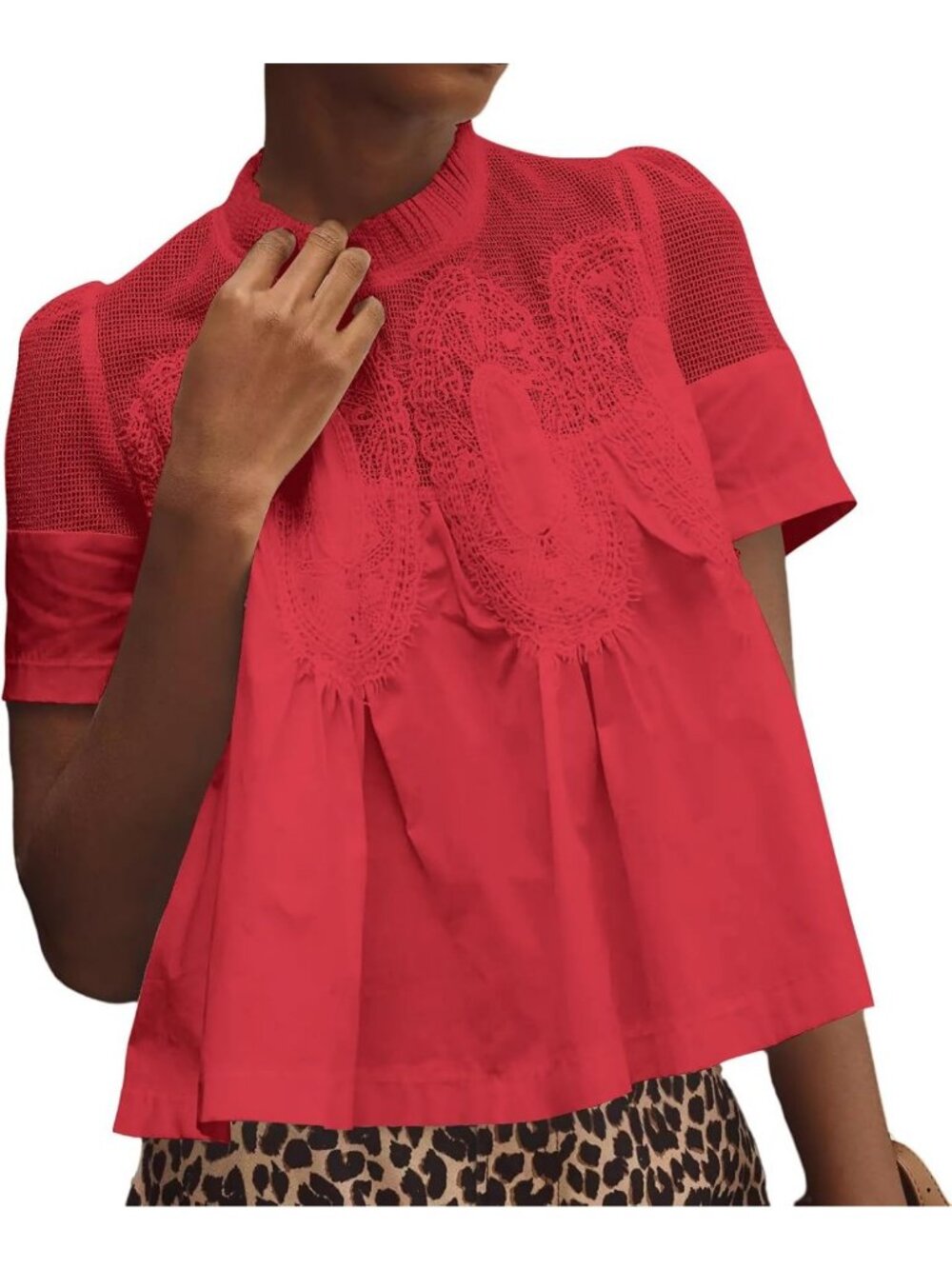 Elegant Lace Flared Short Sleeve Blouse | Ruffle Mesh Crew Neck Babydoll Top